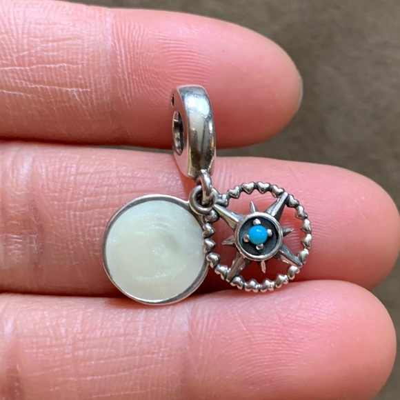 Retired Pandora Compass Rose Pendant Charm W/ Crystal & Enamel Dangle Charm - Picture 4 of 7